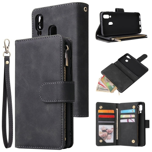 For Galaxy A40 Multifunctional Retro Frosted Horizontal Flip Leather Case with Card Slot & Holder & Zipper Wallet & Photo Frame & Lanyard(Black)