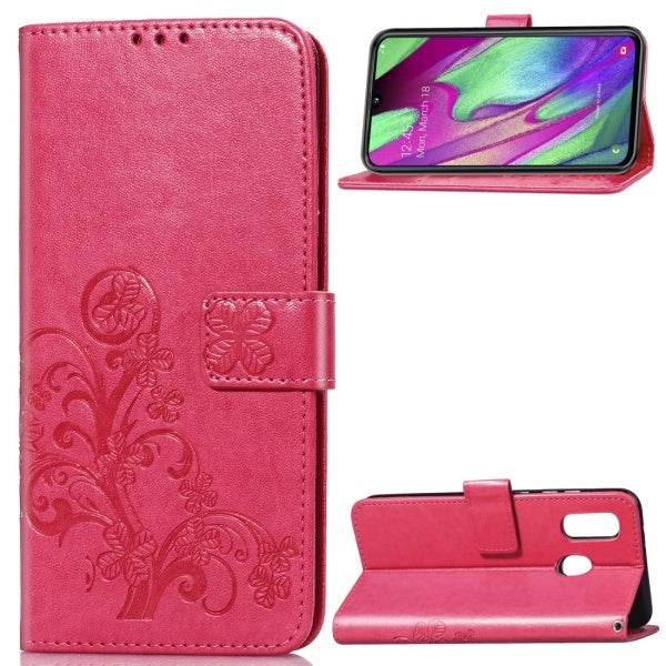 Lucky Clover Pressed Flowers Pattern Leather Case for Galaxy A40, with Holder & Card Slots & Wallet & Hand Strap (Rose Red)