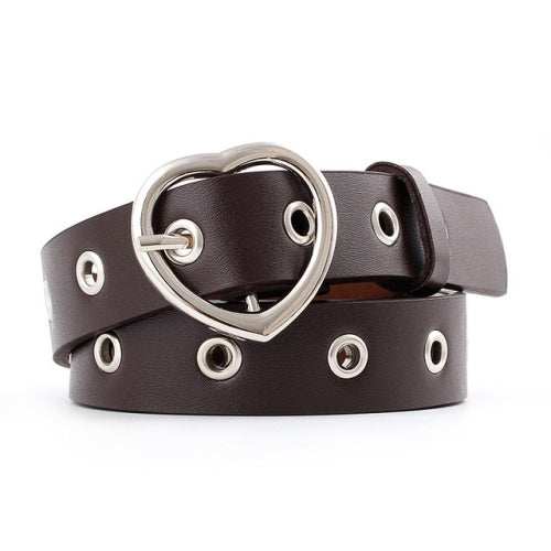 3PCS Narrow Thin Leather Silver Metal Heart Buckle Belts for Women, Belt Length:105cm(Coffee)