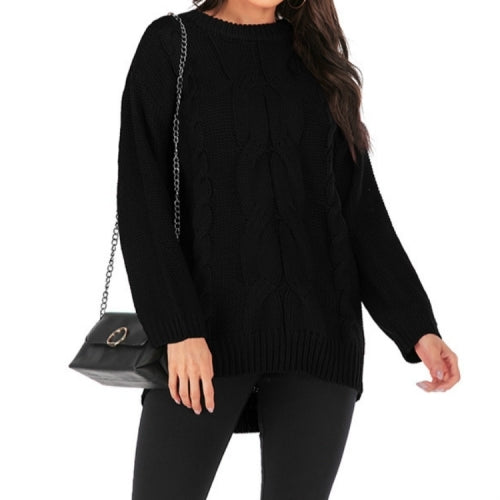 Thick Needles Twisted Head Long Sleeve Round Neck Sweater, Size: L(Black )
