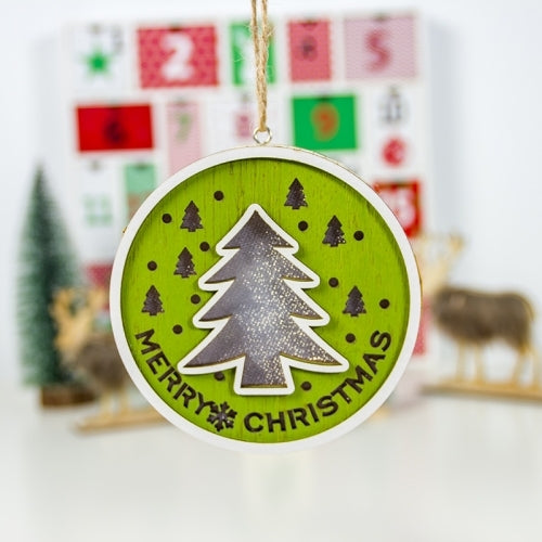 2 PCS Wooden Painted Christmas Round Light Card Pendant Creative Hollow Christmas Tree Decoration Listing(Christmas Tree )