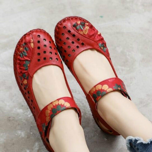 Flower Round Toe Soft Bottom Vintage Leather Flat Shoes, Szie:41(Red Sandals)