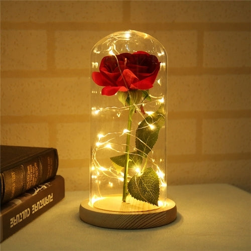 LED flashing luminous artificial fresh roses romantic decorative flower wedding Valentine's Day gift to send lovers birthday Brown Wooden Base 0-5W