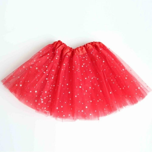 Girls Stars Sequins Mesh Tutu Skirt Costumes, Size:One Size(Red)
