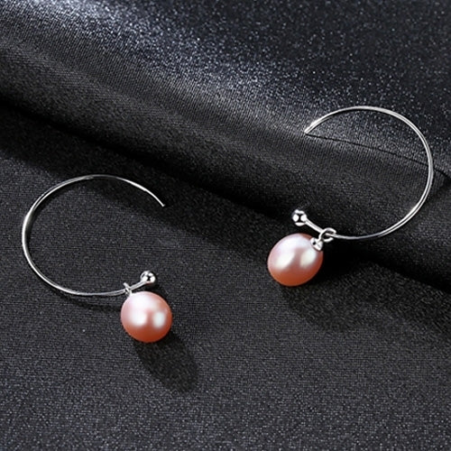 925 Sterling Silver Big Half Circle Earwire Drop Natural Freshwater Pearls Earring(purple)