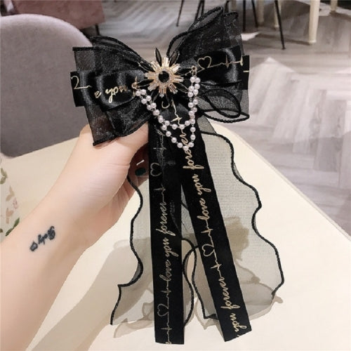 Women Pearl Diamond Lace Bow Tie Letter Bow-knot Brooch Clothing Accessories(Black)
