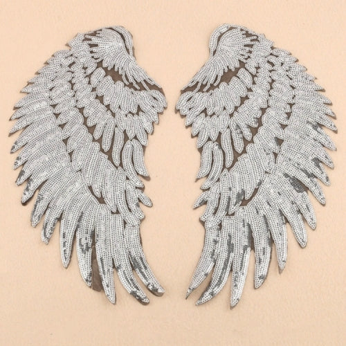 Silver A Pair Sequin Feather Wing Shape Clothing Patch Sticker DIY Clothing Accessories, Size:Large 33.5 x 32cm