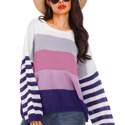 Interlaced Striped Sweater (Color:Purple Size:XXL)