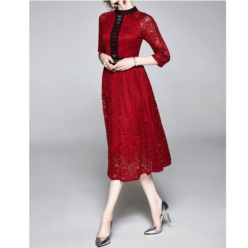 Lace Splice Big Swing Dress (Color:Red Size:XL)