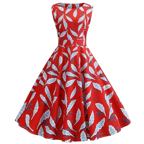 Retro Print Slim Waist Big Swing Dress (Color:Red Size:S)