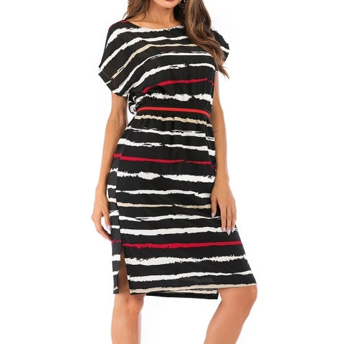 Fashion Color Bar Printed Dress (Color:Black Size:XL)
