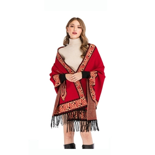 Mink Cashmere Shawl Fringed Cape Sweater Thick Sweater(Color:Red Size:One Size)